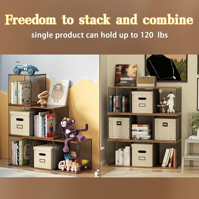 Dmevkic 2 Cube Organizer Bookshelves DIY Variable Stackable Cube Storage Organizer for Kid Bedroom,Living Room,Small Bookshelf Black Brown Wooden,No Vinyl Storage