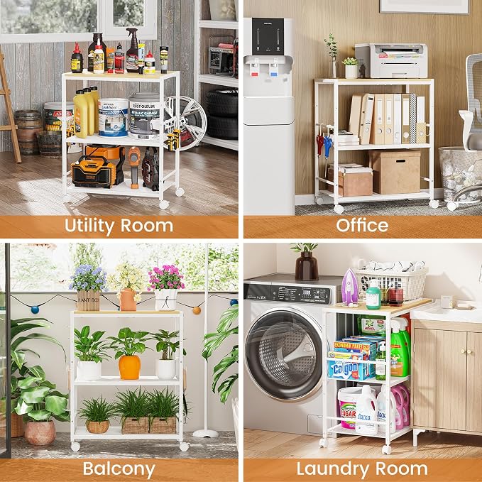 3-Tier Microwave Stand, Kitchen Microwave Cart with Adjustable Shelf | Rolling Kitchen Storage Cart on Lockable Wheels, Coffee Cart Shelf Rack Organizer for Kitchen, Living Room, Balcony, White