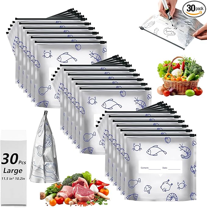 30 Pcs Reusable Mylar Bags for Food Storage, Waterproof Aluminum Foil Stand Up Pouches Freezer Containers for Beans Vegetables Rice Meat Long Term Preservation, BPA Free