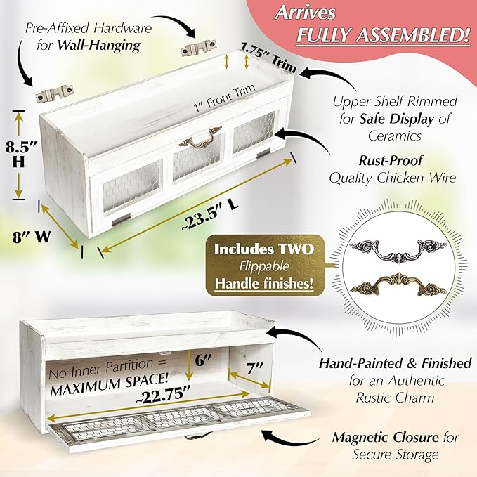 Felt Creative Home Goods Farmhouse Chicken Wire Countertop Shelving Organizer, Decorative Kitchen Pantry Storage Cabinet, Rustic Counter Storage Display, Country Kitchen Island Decor (White)