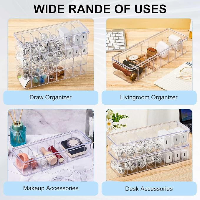 Tatuo 6 Pcs Cord Organizer for Drawer Desktop, Cable Organizer Box with 8 Compartments and Wire Ties, Plastic Charger Storage with Lid, Electronics Case for Home Office Accessories (Small,Clear)