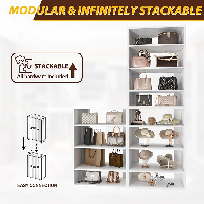 Modular Closet System, 19.5" Wide Wall-Mounted Closet Tower Organizer with Adjustable Shoe Shelves for Walk-In Closet Storage, White