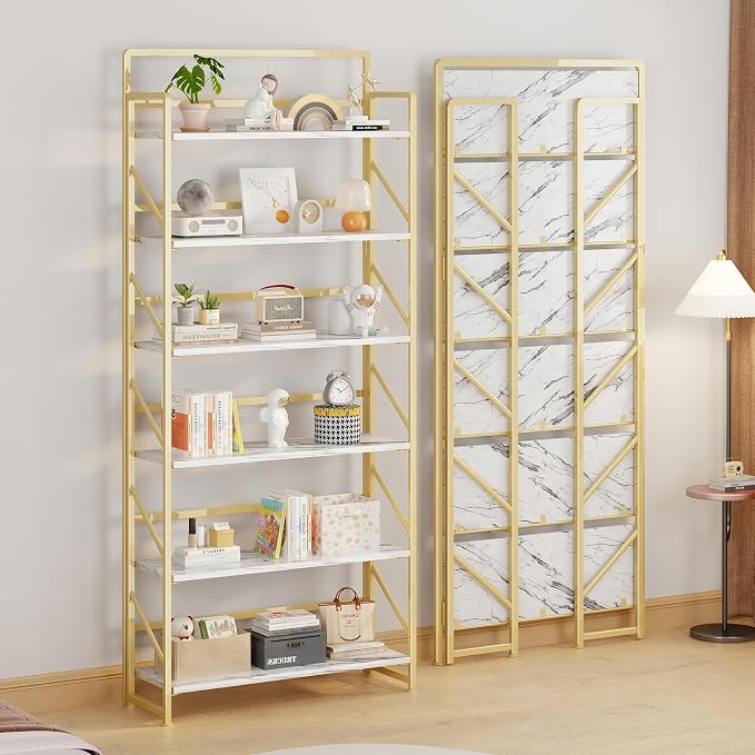 JSB 6 Tier No Assembly Folding Bookshelf, 30.3" Wide Foldable Storage Bookcase for Home Office, Space-Saving Storage Shelf for Living Room (White&Gold)