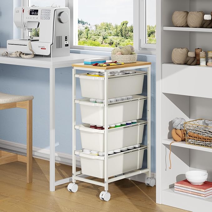 Slim Rolling Storage Cart with 4 Drawers, Craft Organizer, Wooden Tabletop Utility Cart for Bedroom, Children's Room and Office Organization, Table Side Trolley with Lockable Wheels, White