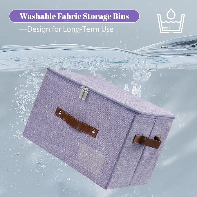 ANMINY Fabric Storage Box Bins with Zipper Lid, Washable Purple, 3PCS | Cotton Linen Fabric, PP Board Frame, Label Holder, Stackable & Foldable, PU Handles, Dual-Zipper 3-Side Open Lid, Large