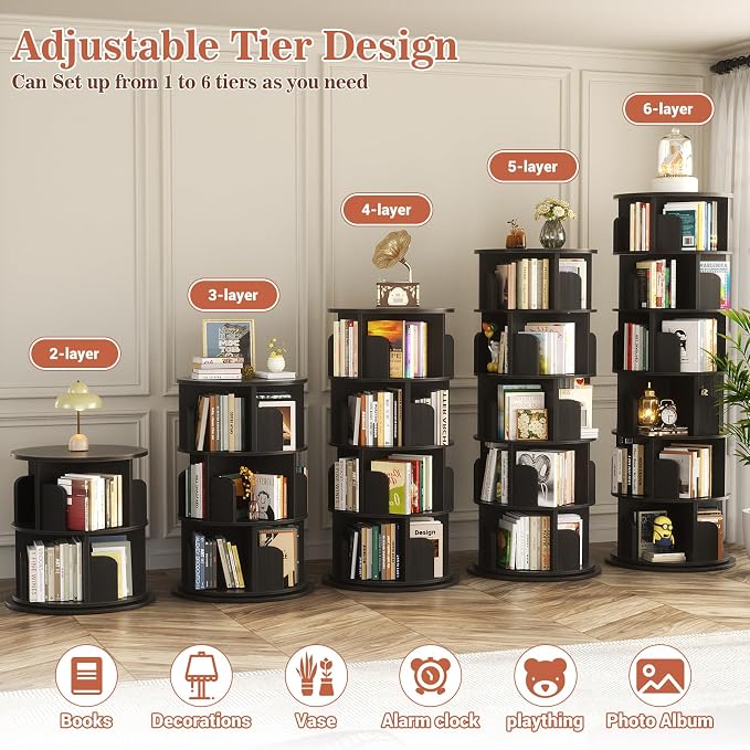Aheaplus 6 Tier Rotating Bookshelf, Wood Spinning Bookshelf Tower, Round Revolving 360 Bookcase, Narrow Turning Book Shelf Rolling Corner Organizer for Small Space, Bedroom, Office, Black