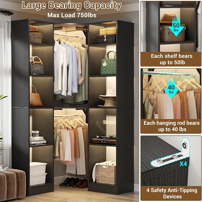 Besiost Corner Closet System with 12 Shelves, 39.2" Corner Closet Organizer System with 2 Hanging Rods, Versatile 6-Tier Walk-in Closets for Corner Space, Black (39.2" L x 39.2" W x 80" H)