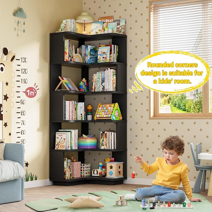 Armocity Corner Book Shelf - 6 Tier Corner Bookshelf Etagere Bookcase with Baffle, Freestanding L Shaped Display Shelf Stand for Home Office, Living Room, Bedroom, Kitchen, Black