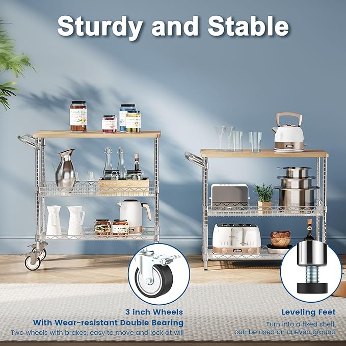 Rolling Kitchen Carts with Wheels, 3-Tier Utility Cart with Wood Tabletop | NSF Commercial Metal Serving Cart with Handle and Shelf Liner for Kitchen Snacks, 34"D x 17.5"W x 32.5"H,Chrome