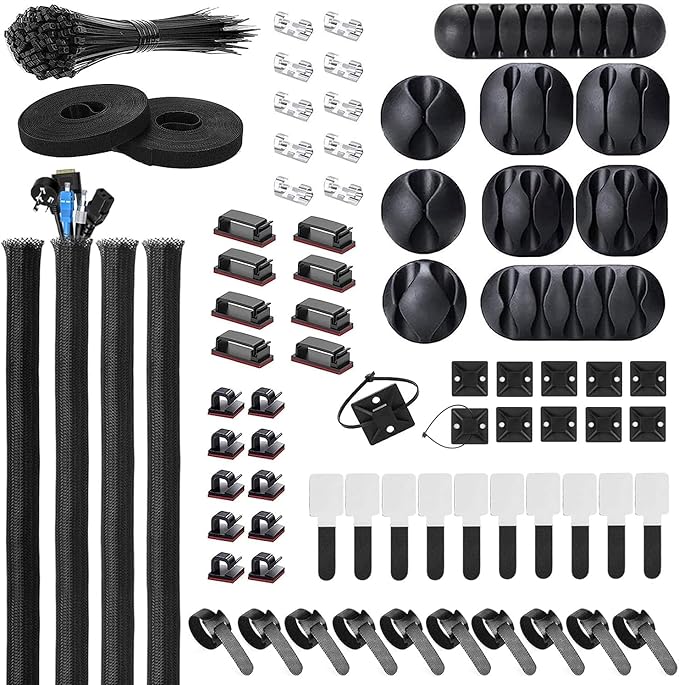 Cable Management Kit - 4 Cable Sleeve, 28 Self Adhesive Cable Clips, 29 Cord Holders, 10+2 Roll Cable Organizer Straps and 100 Fastening Cable Ties for TV Computer Under Desk (Black)