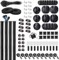 Cable Management Kit - 4 Cable Sleeve, 28 Self Adhesive Cable Clips, 29 Cord Holders, 10+2 Roll Cable Organizer Straps and 100 Fastening Cable Ties for TV Computer Under Desk (Black)
