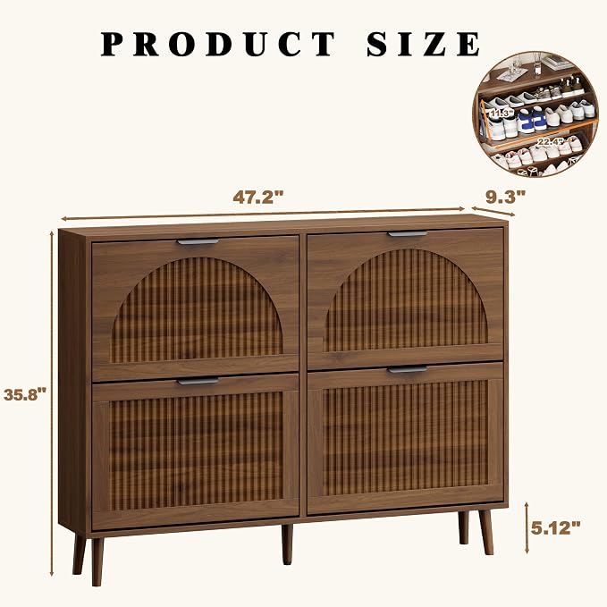 Shoe Storage Cabinet with 4 Flip Drawers, Narrow Wood Shoe Organizer Cabinet with Fluted Panel, Slim Shoe Rack for Entryway, Freestanding Shoe Cabinet for Living Room, Hallway, Walnut