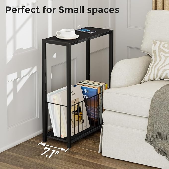 Homleke Narrow Side Tables Set of 2 with Magazine Holder, Skinny End Tables | Space-Saving Design, Small Spaces, Storage Shelf, Metal Frame, Easy Assembly, 7.1" D x 16.9" W x 23.6" H, Black