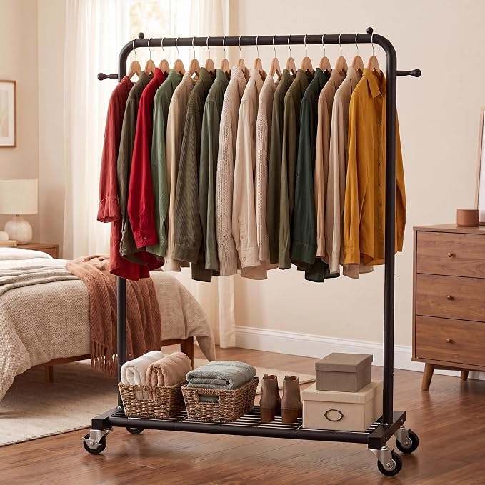 Sywhitta Clothing Rack on Wheels with Mesh Storage Shelf & Sturdy Metal Frame, Rolling Garment Rack for Hanging Clothes, Coats, Skirts, 39.76" L x 16" W x 64.56" H,Black