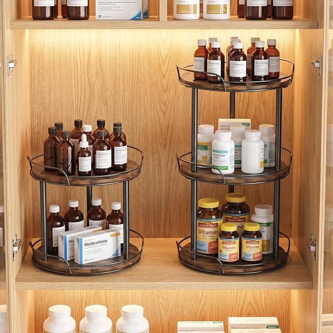 10'' Rotating Spice Rack, 3-Tier Lazy Susan Turntable Organizer | Wooden, for Cabinet, Table Top, Kitchen Countertop, Pantry, Bathroom, Vanity, Home Decor