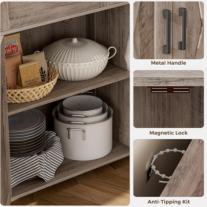 Homhedy Sideboard Buffet Cabinet, Coffee Bar Storage Cabinet with Drawers and Doors, Farmhouse Kitchen Cabinet with Adjustable Shelves, for Kitchen, Dining Room, Living Room, Greige