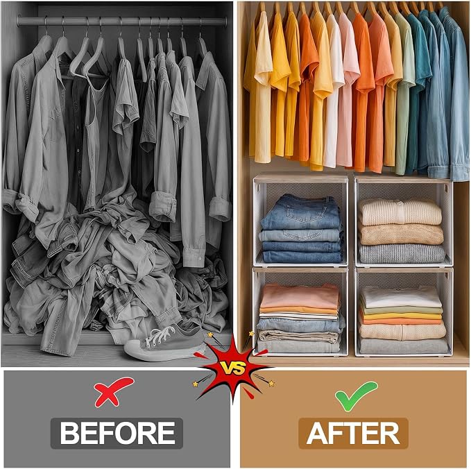 AceOrbit 3 Pcs Widened Stackable Closet Organizers and Storage with Wood Foldable Top Metal Cube Closet Shelf DIY Space Saving Linen Clothes Shoe Bed Sheet Bin for Wardrobe Bedroom(12"x12"x12", Light)