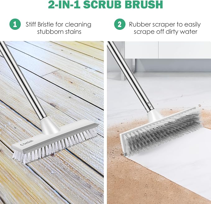 SetSail Upgraded Large Wide Floor Scrub Brush with 51-Inch Long Adjustable Handle 2 in 1 Scrape Brush Stiff Bristle Floor Scrubber for Cleaning Shower Bathroom Kitchen Wall Deck Tub Tile,Grey White