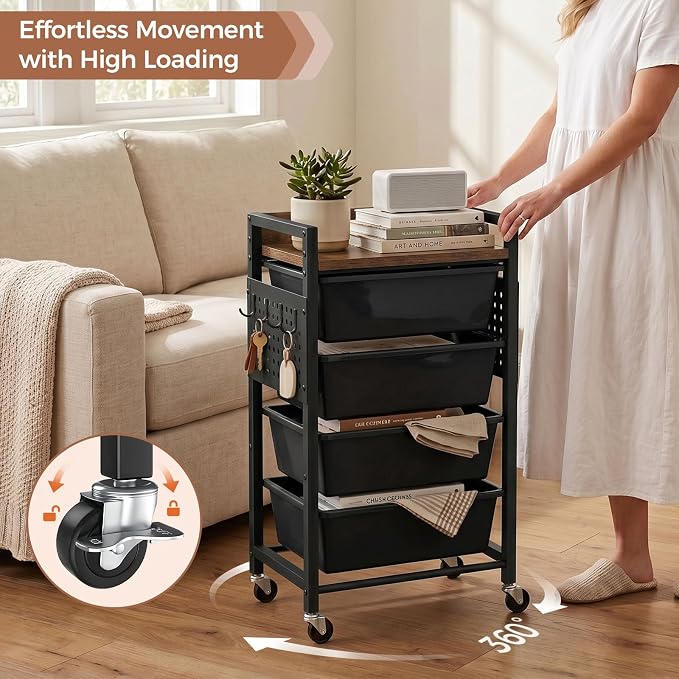 5 Tier Rolling Cart with Drawers, Plastic Drawer Storage Craft Cart with Pegboards & Hooks, Metal Utility Cart with Wheels & Wooden Tabletop, Classroom Office Art Supply Organizers and Storage, Black