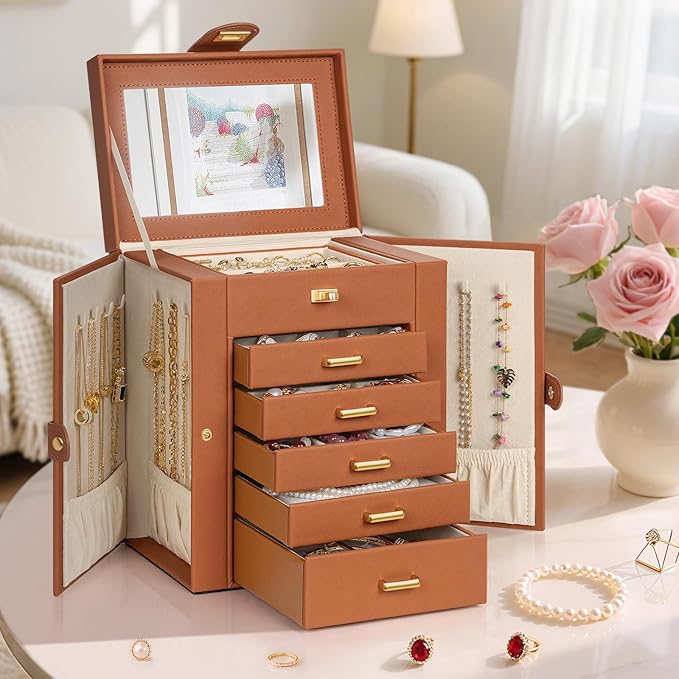 AKOZLIN 6-Tier Jewelry Box Organizer Functional 5 Drawers Leather Jewelry Storage Case for Women Girls Ring Necklace Earring Bracelet Holder Organizer with Mirror Orange Regular