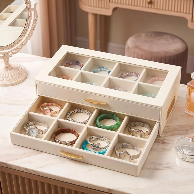 Yookeer 16 Grids Bracelet Box with Clear Top 2 Layer PU leather Bracelet Holder Case Bracelets Storage Holder Display Box jewelry organizer with Drawer for Women Bangles Watch Earring Storage gifts