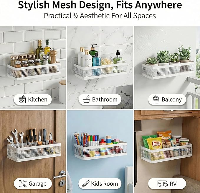 PUSDON Hanging Storage Baskets Organizer Wall Mount, Metal Wire Storage Bin Rack for Kitchen Bathroom Shower Spice Shelf Home Decor Essentials White-2 Packs (Netting)