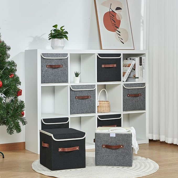 2PCS Storage Cubes with Lid Fabric Storage Bins Boxes PU Leather Handles Cotton Linen Closet Organizer Container Decorative Foldable Washable Shelf Cloth Basket (Flip-top Lid, Black, 11in)