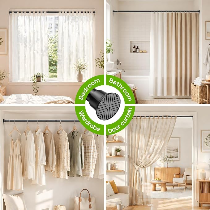 Black Shower Curtain Rod, 32-76 Inches, 7/8 Inch Diameter, 1 Pack | Adjustable Tension, No Drilling, Rust-Resistant, For Bathroom, Window, Doorway, Closet