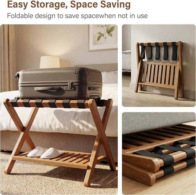 Heybly Luggage Rack for Guest Room,Set of 2, Bamboo Folding Luggage Stand & Suitcase Holder, 5 Heavy-Duty Straps,Holds up to 165 Lbs, Heavy Duty Luggage Rack for Bedroom Hotel, Walnut, HLR013WB2