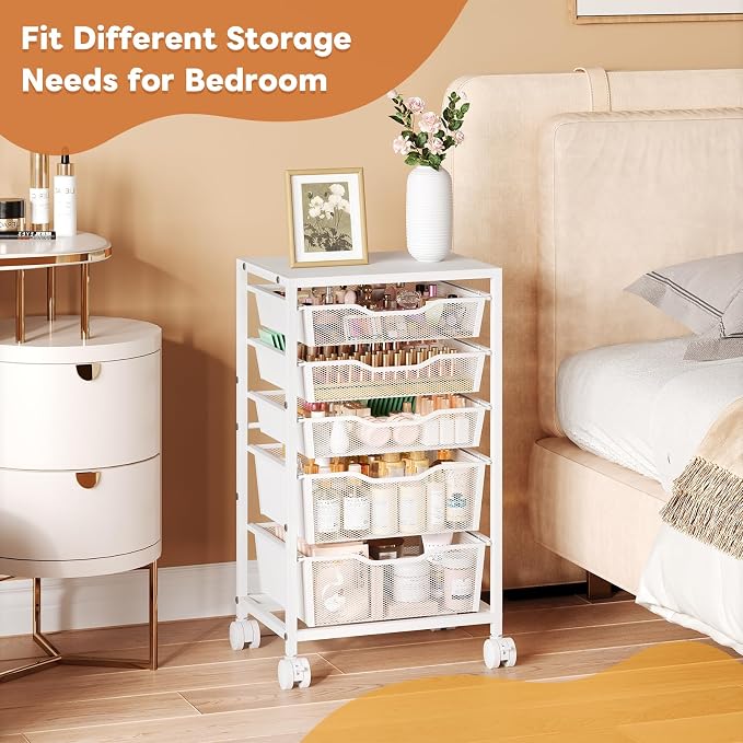 Hongtamoya Rolling Storage Cart with 5 Drawers, Metal Utility Cart with Lockable Wheels, Craft Storage Art Cart, Rolling Drawer Cart for Living Room, Bedroom, Bathroom, Office, Home, White