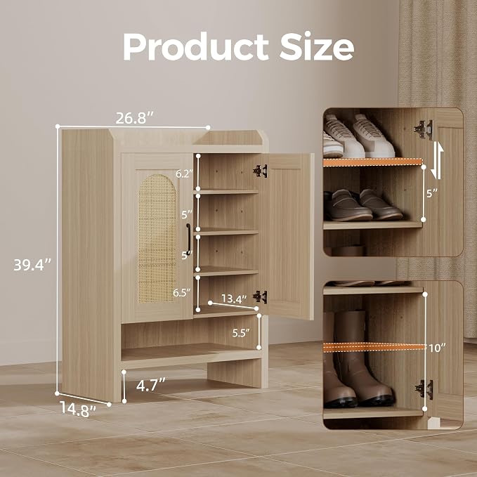 Mericonia 6-Tier Shoe Cabinet Storage for Entryway, Rattan Shoes Organizer Cabinets with Doors, Wooden Shoe Rack, Farmhouse Boho Wood Storage Cabinet (Oak, 6-Tier)