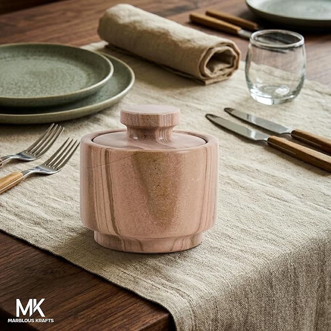 MARBLOUS KRAFTS Marble Salt Cellar 3 Inch Brown Salt Holder With Lid for Spice Jar & Stone Salt Container, Modern Sugar Bowl, Countertop Storage