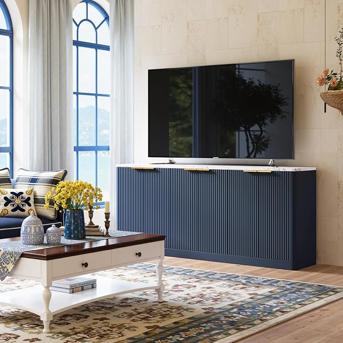 Evermagin 67" Fluted Navy Blue Buffet Cabinet with Storage | Mid-century modern wood sideboard, large credenza with 6 doors for kitchen or living room, 67"W x 31.5"H x 15.7"D