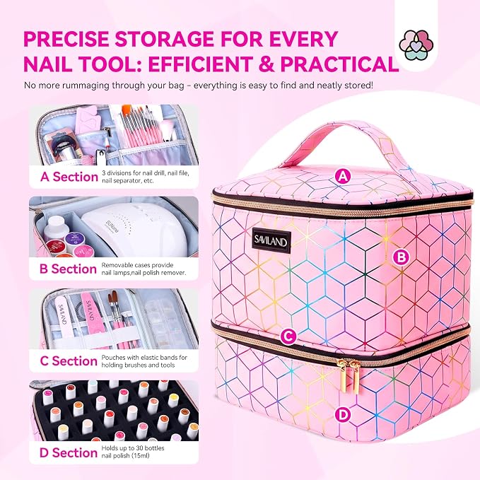 SAVILAND Nail Polish Organizer Bag: PU Leather Nail Polish Storage Organizer Holds 30 Bottles & Nail Lamp, Nail Polish Holder Travel Carrying Case Box Nail Tech Organizer Storage Bag for Nail Supplies