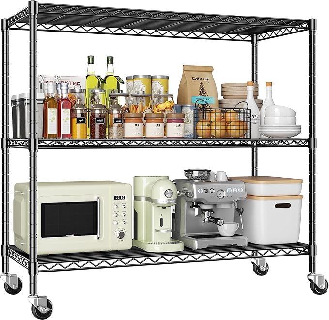 DurayLoly 3 Tier Metal Shelving Unit Adjustable Storage Shelves,Heavy Duty Shelf with Wheels for Kitchen,Office,Bathroom,Easy Assembly Wire Shelving for Laundry,Garage,45" W x 17.7" D x 41" H,Black.