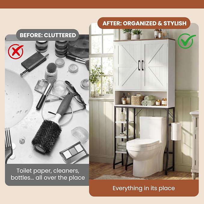 31" Over The Toilet Storage Cabinet with Barn Door,Bathroom Organizers and Storage with Adjustable Shelves, Farmhouse Over Toilet Organizer for Bathroom,Restroom,Laundry,White