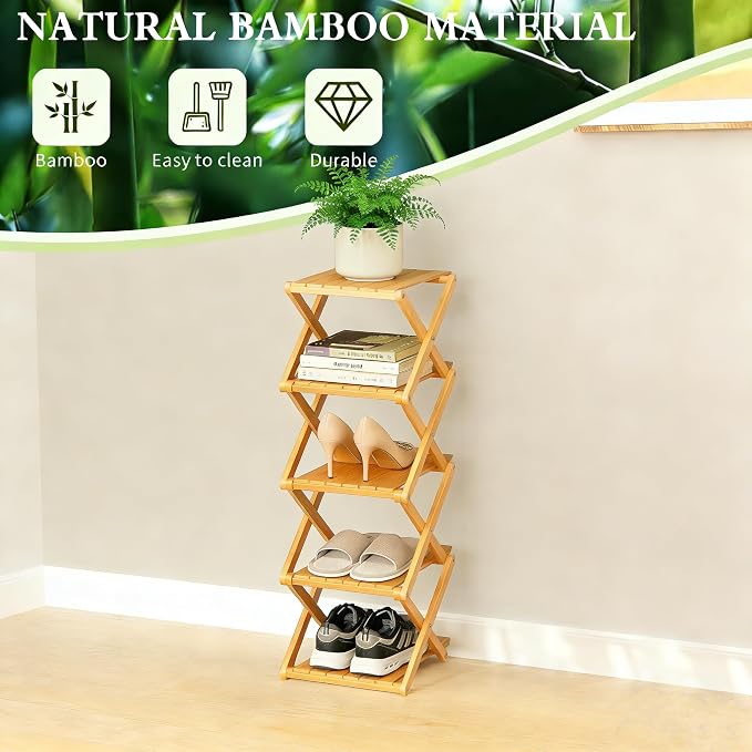 Bamboo Shoe Rack - No Assembly Required, Tall Narrow Foldable Shoe Organizer, Space-Saving Multifunctional Shelf for Entryways, Corners, Bedrooms, Balconies, 7 Layer(Reinforced and Thickened)