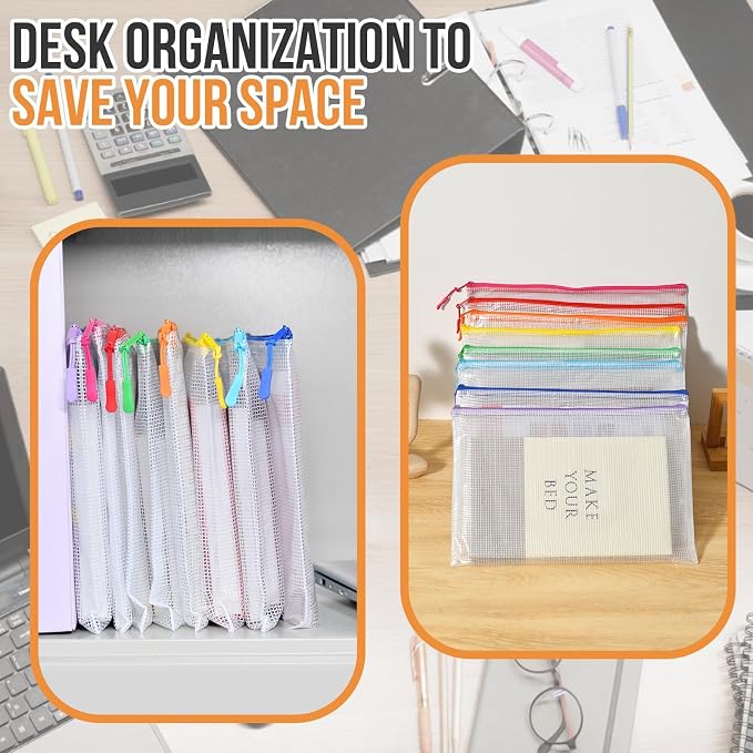 YOPCDJ 24pcs Mesh Zipper Pouch Bags, 12 Colors Extra Large 12PCS A3 and 12pcs A4, Puzzle Bag for Organizing, Classroom Must Have Storage Bag, File Bags for School, Board Games and Office Supplies