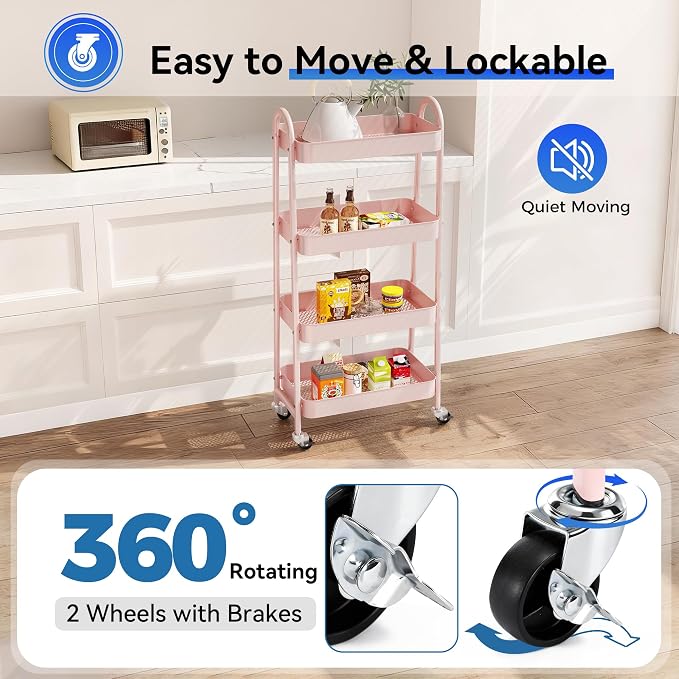 NEWBULIG 4-Tier Metal Rolling Storage Cart, Heavy Duty Mobile Utility Organizer Shelf with Lockable Wheels, Multifunctional Trolley for Daily Supplies, Home Indoor Daily Use, Pink