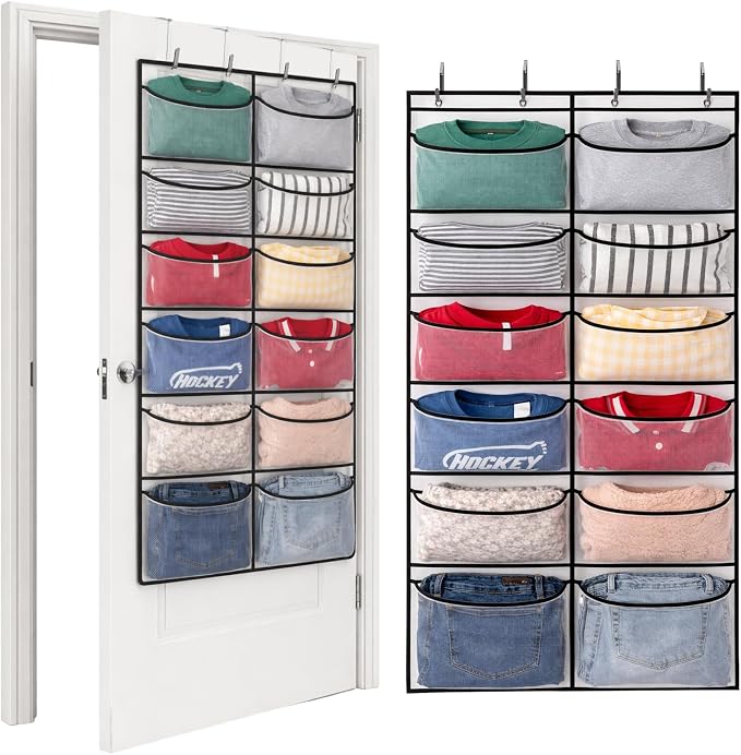 Yookeer Over The Door Hoodie Organizer 12 Large Breathable Mesh Sweatshirt Organizer with 4 Hooks Hanging Pockets Behind Door Holder for Home Dorm Rooms Bedroom Small Spaces Closets Clothing Sundries