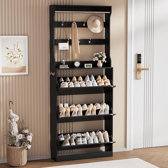 Shoe Storage Cabinet, Wood Shoe Organizer for Entryway with 3 Flip Drawers, Freestanding Shoe Rack with Adjustable Shelf, Narrow Shoe Dresser for Front Door Entrance (Black, Tall 3 Drawers)