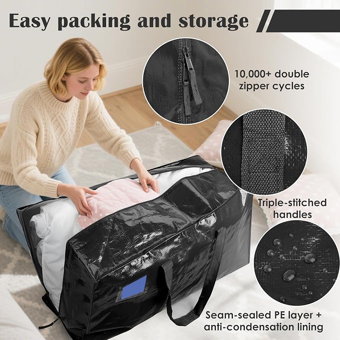 12 Pack Moving Bags with Full-Open Side Zipper, Extra Large 93L Heavy Duty Waterproof Foldable Storage Totes for College Dorm, Moving & Home Organization Black