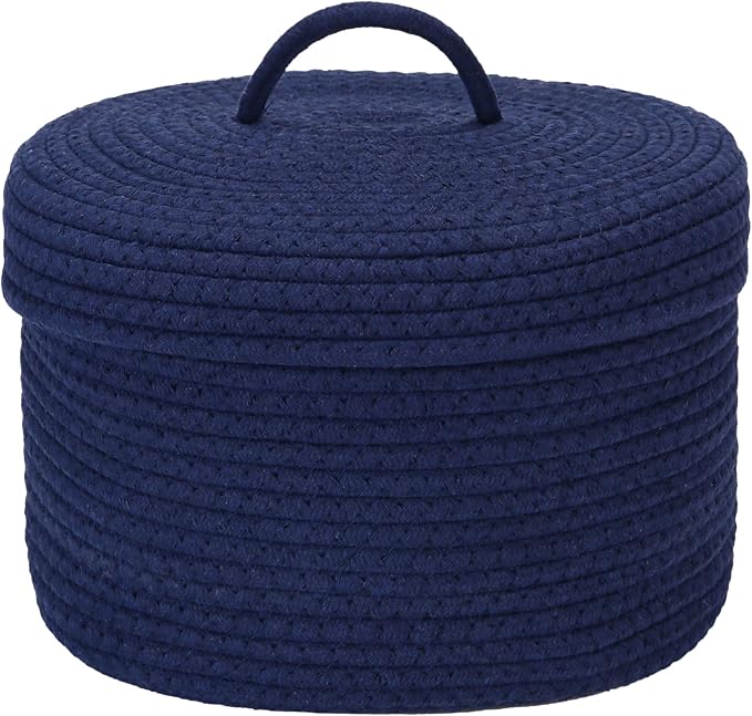 Sea Team Round Cotton Rope Storage Basket with Lid, Lidded Woven Storage Bin, Nursery Storage Container, Diaper Caddy, Baby Shower Basket, Box, Organizer, 11.8 x 11.8 x 6.7 Inches (Medium, Navy Blue)