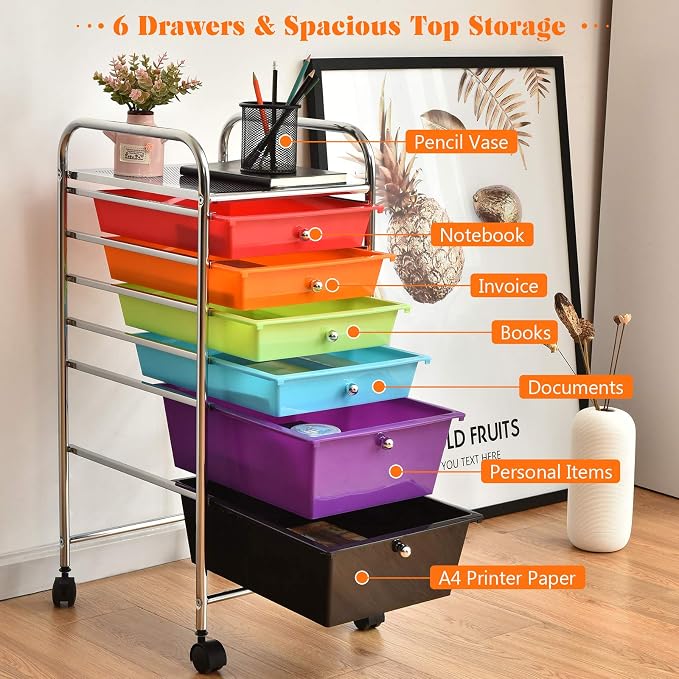 DREAMADE Rolling Rainbow Cart with 6 Drawers, Utility Cart with Removable Plastic Drawers, Lockable Wheels, Art Cart for Classroom Organization Art Supplies Office Scrapbook (6 Drawers, Multi-color)