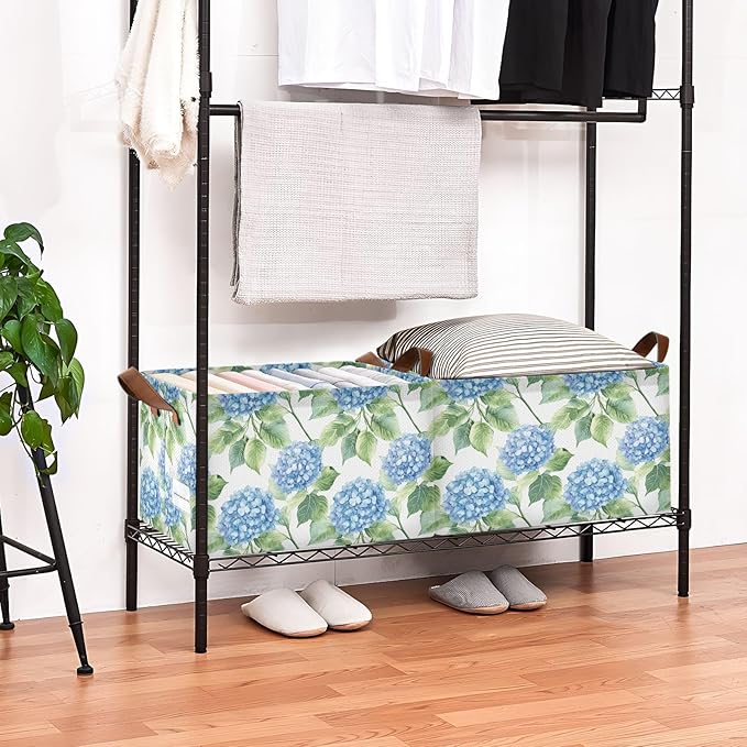 Watercolor Blue Hydrangea Flowers Storage Bins for Shelves with Labels&Handles Fabric Organizer Bin Foldable Rectangle Storage Basket Boxes for Closet, Bathroom, Home, Living Room