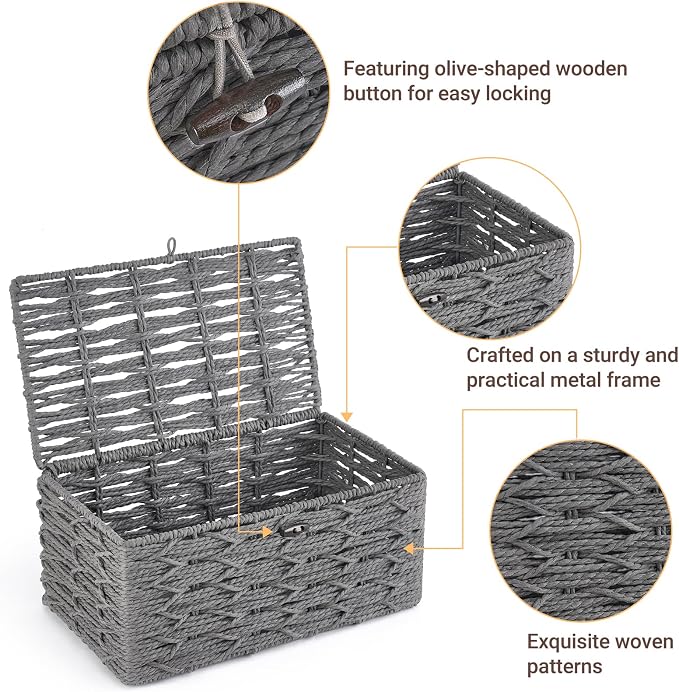 Mkono Storage Basket with Lid, Decorative Bins for Organize, Set of 2 Grey | Paper Rope Box, Toilet Tank Top, Space-Saving, Handwoven Rectangular, Shelf Closet Bathroom Bedroom Office, Home Decor
