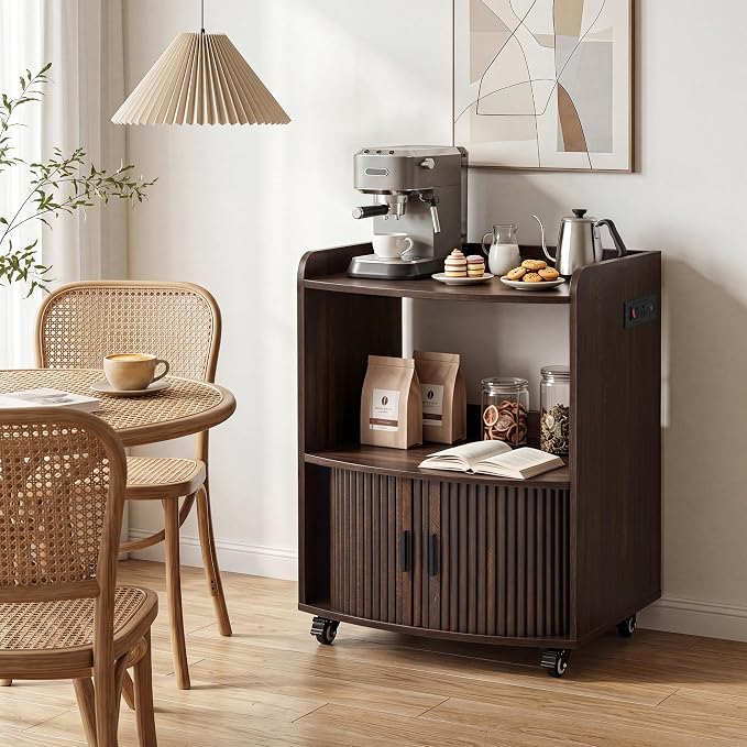Bifins Coffee Bar Cart for Home, 3 Tier Rolling Serving Carts with Wheels | Coffee Cart with Removable Metal Brackets and Sliding Doors,Mobile Liquor Sideboard Cabinet for Home Bar, Kitchen