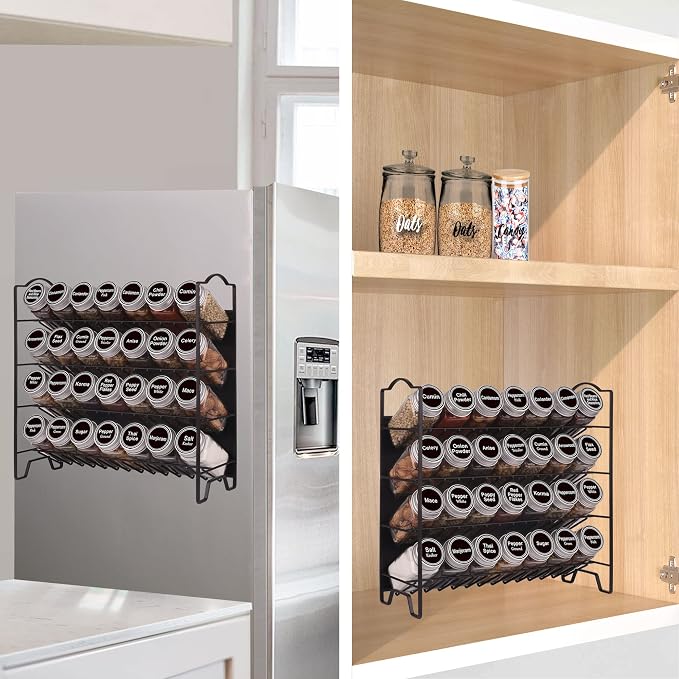 SWOMMOLY 4 Tier Magnetic Spice Rack Organizer with 28 Spice Jars | 396 Spice Labels, Chalk Marker, Funnel Set for Refrigerator, Metal Fridge, Microwave, Cabinet, Countertop,12.9" W x 12.4" H