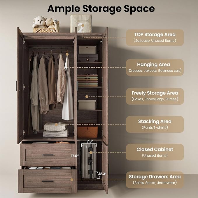 ANCTOR 70.6 Inch Armoire Wardrobe Closet with Drawers (Dark Walnut) | Freestanding engineered wood armoire with a hanging rod, adjustable shelves and concealed storage for bedroom organization