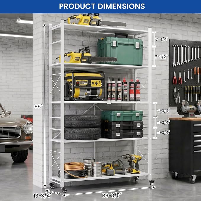 ALANNG 40" W Foldable 5-Tier Storage Shelves on Wheels Adjustable | Removable Metal Rack, Heavy Duty Rolling Organizer for Kitchen, Garage, Closet, Pantry, and Office (White,2 Pack)